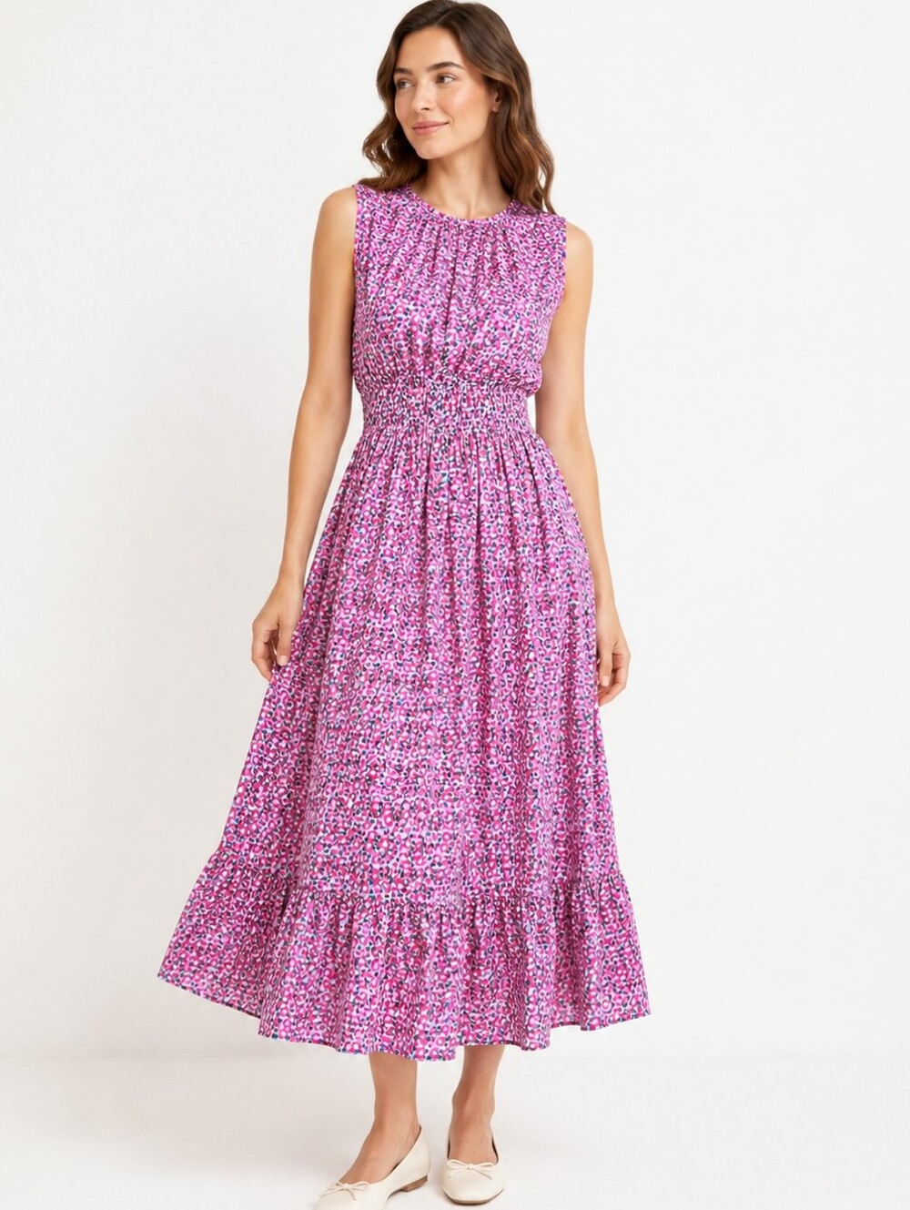 Michelle McDowell XL Floral Midi Dress Pink Blue Smocked Waist Pockets Cotton